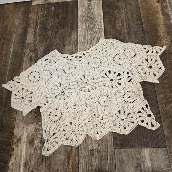 Crochet Lace Crop Top Boho Coquette Festival Sheer Knit Cream Size Small Cotton - Picture 5 of 7